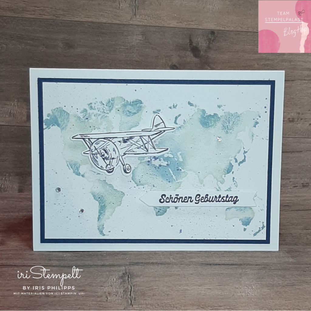 Geburtstagskarte mit den Stempelsets "Höhenflüge" und dem Hintergrundstempel "Watercolor World"